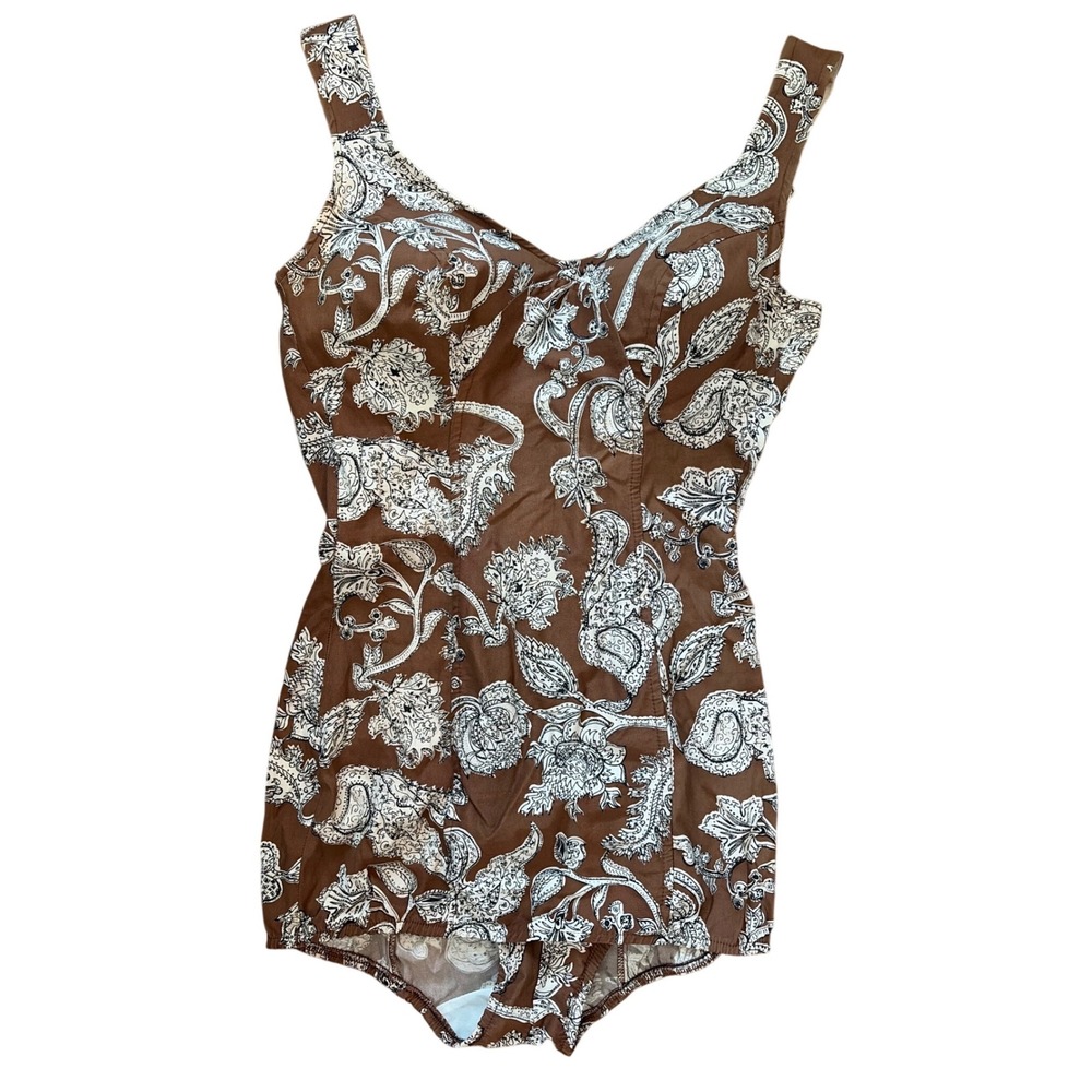 Vintage Jantzen Brown Paisley One Piece Swimsuit Bullet Bra Zip Back Womens 14